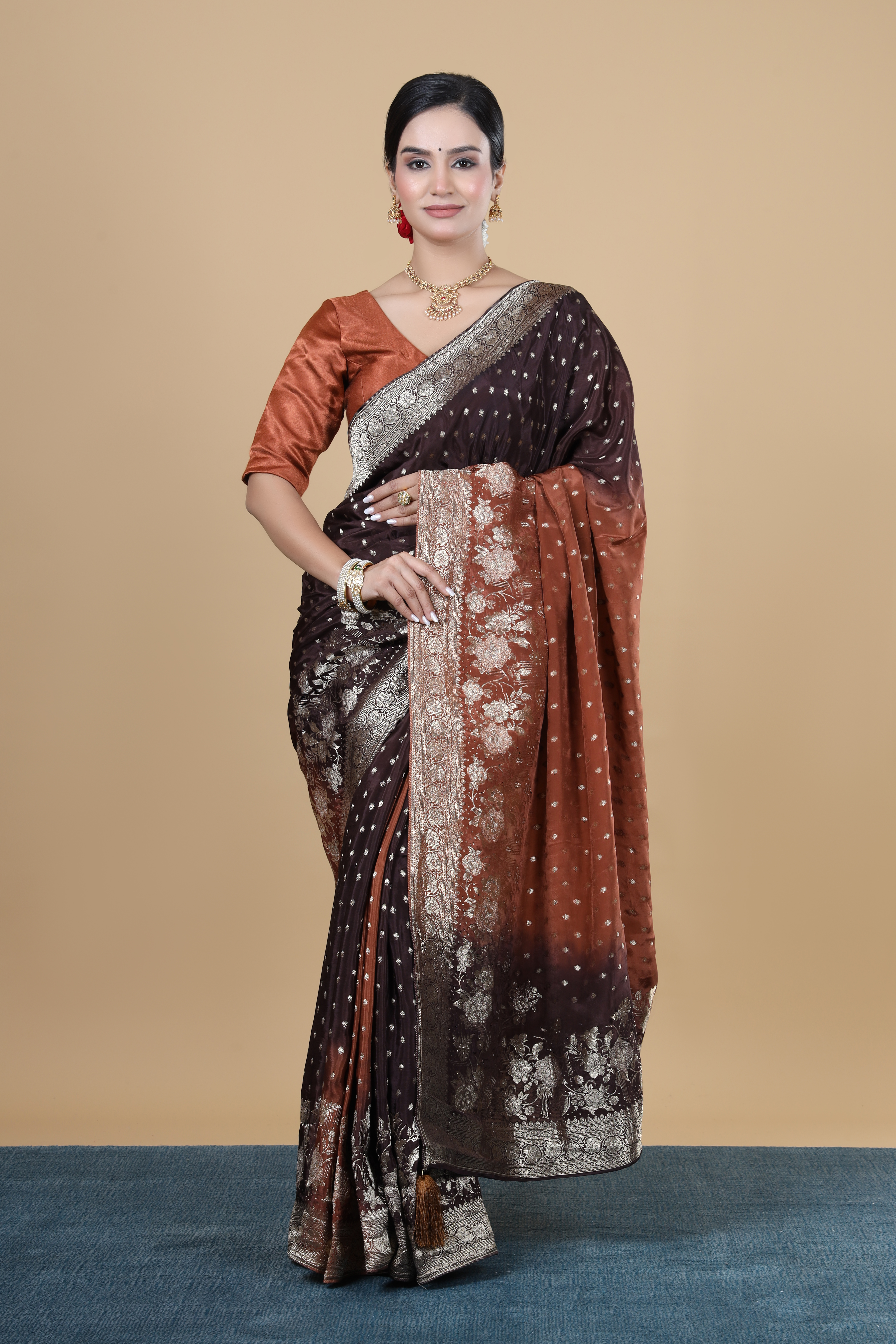 Rust & Dark Maroon H.O. Zari Buti Flower Border Saree with Elegant Unstitched Blouse